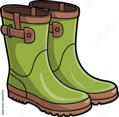 Pair of green rain boots with brown accents and buckles standing upright