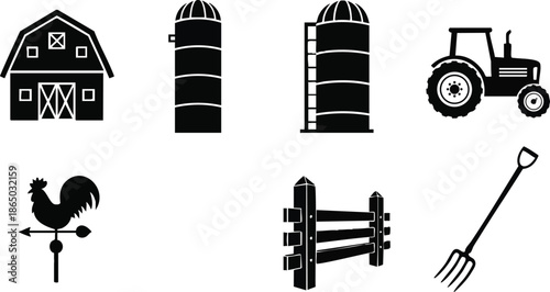 Minimalist flat design farm icon set including barn silo tractor weather vane fence and pitchfork isolated on white background bold silhouette vector front view agriculture simple