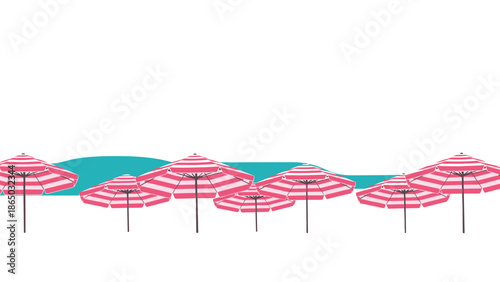 Pattern of pink and white striped beach umbrellas against a blue ocean background, representing a sunny summer holiday or vacation destination.