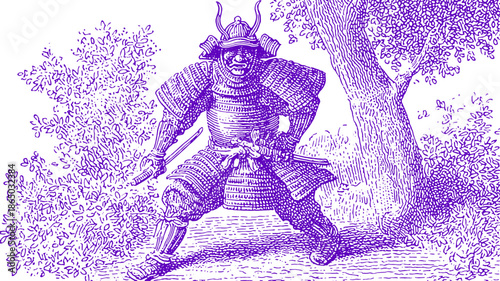 Samurai warrior in traditional armored attire. This detailed vector illustration showcases historical themes in a vibrant purple color.