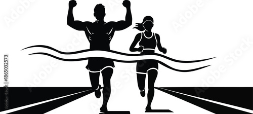 Minimalist vector silhouette front view male and female runners crossing finish line together low angle split ribbon motion sports victory dynamic bold graphic black and white