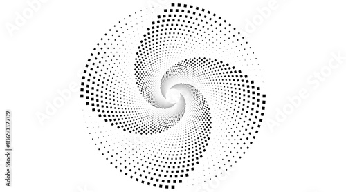 Abstract spiral halftone pattern with rotating dots creating optical illusion monochrome geometric background design