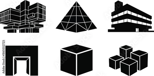 Minimalist vector silhouette of modern brutalist buildings pyramid and cubes arranged in grid low angle view black and white geometric architecture icons set isometric flat collection