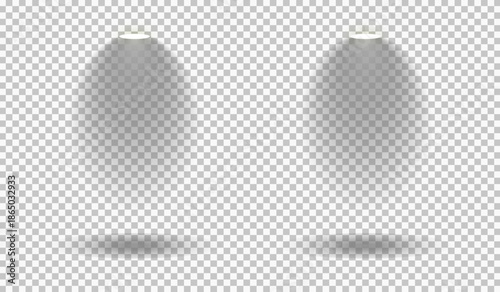 Realistic stage spotlights shining downward with soft shadows isolated on transparent background for presentation design