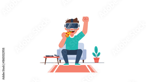 Young man enthusiastically enjoying virtual reality with a VR headset, eating pizza and sitting comfortably on a chair, showcasing modern entertainment.
