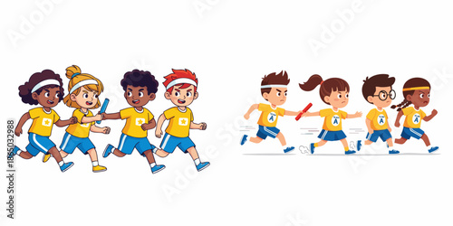 Colorful Cartoon Style of Kids Participate in a Relay Race Illustration