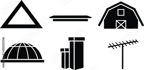Flat icon set of six building and structure glyphs including triangle roof barn dome columns and antenna in black silhouette on white background minimalist vector icons