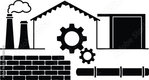 Flat design industrial icon set with factory chimneys warehouse gears brick wall pipeline and workshop facade shown in bold black silhouette close up simple vector art