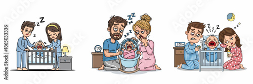Handdrawn Cartoon Illustration of Sleepless Parent with Crying Baby in Crib