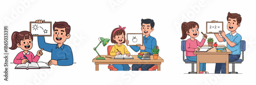 Cartoon Illustration of Tutor Helping a Young Girl with Her Homework at Desk