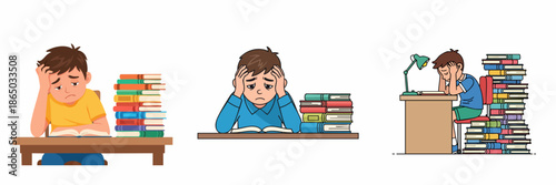 Cartoon Handdrawn Boy Studying With Stack of Books Illustration Set