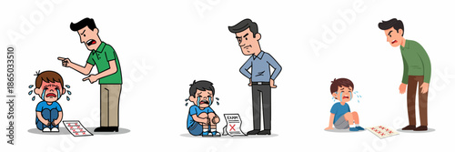 Cartoon Illustration of Angry Parent Scolding Crying Child for Bad Grades