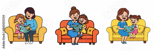 Cute Cartoon Mother Reads Book with Daughter on Sofa Illustration