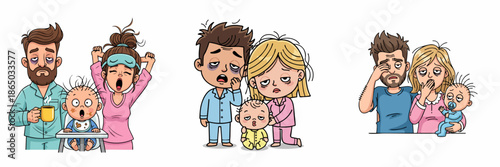 Cute Cartoon Illustration of Tired Family with Baby in Different Poses