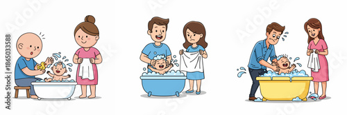 Cartoon Illustration Set Baby Bath Time with Parent Figure