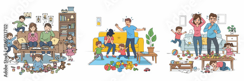 Line Art Depiction of Stressed Parent with Overwhelmed Family Illustration