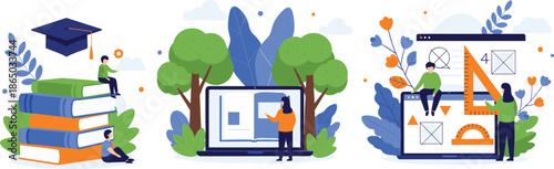 Online education and e learning illustration set featuring students books digital lessons academic tools and modern learning technology