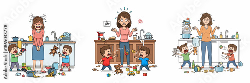 Cartoon Stressed Mom with Crying Toddlers in Messy Kitchen Illustration Set