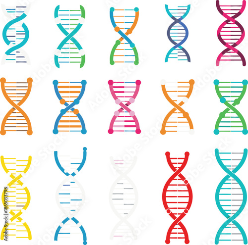 Colorful DNA helix illustration set featuring genetic molecule symbols for biology science medical research and biotechnology design projects