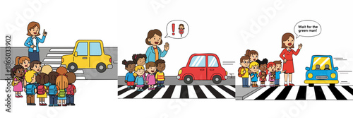 Cute Cartoon Illustration of School Children Crossing Street with Teacher Education