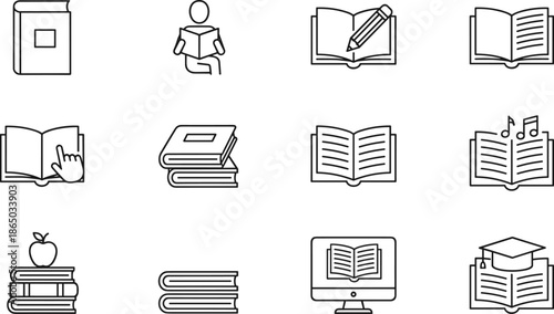 Education and library icon set featuring book stacks reading person graduation cap digital monitor and apple for academic learning.