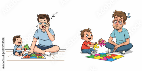 Cartoon Style Exhausted Father Playing Jigsaw Puzzle with Toddler Illustration