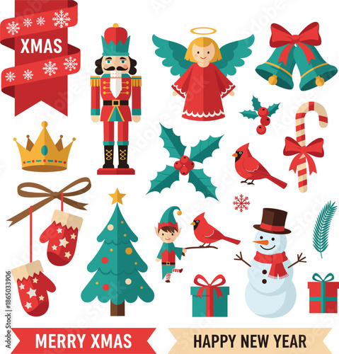 Christmas and New Year festive illustration set featuring holiday icons ornaments characters gifts decorations and seasonal celebration elements