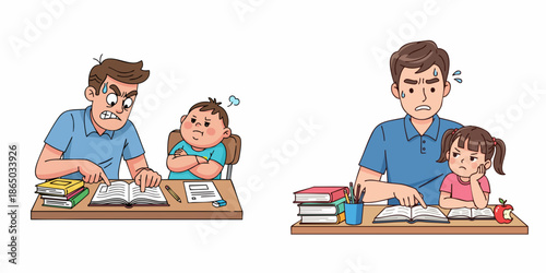 Cartoon Style Parental Stress Illustration with Unhappy Children Studying Together
