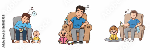Cartoon Exhausted Father Sleeping in Chair with Cute Baby Illustration Set