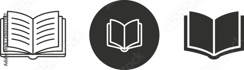 Open book icon set in linear circle and solid styles for library education reading learning literature and publishing design.