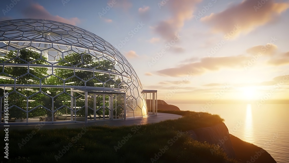 Fototapeta premium Futuristic Glass Dome Building on Cliffside During Sunset with Natural Lighting and Scenic Ocean View
