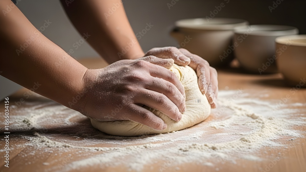 Obraz premium Close up view of baker's hands vigorously kneading a ball of fresh yeast dough dusted with white flour on a wooden surface preparing for baking bread or pastry in a rustic kitchen setting