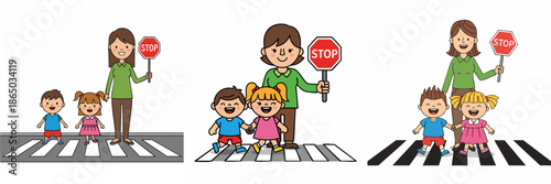 Cartoon Illustration of Teacher Helping Children Cross the Street Safely