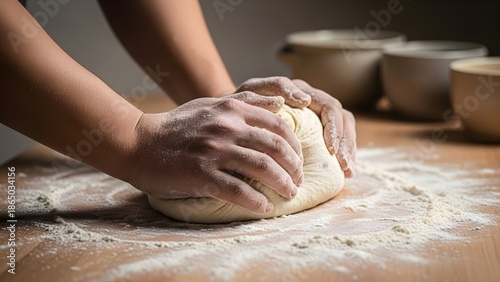Close up view of baker's hands vigorously kneading a ball of fresh yeast dough dusted with white flour on a wooden surface preparing for baking bread or pastry in a rustic kitchen setting