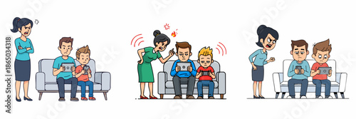 Cartoon Illustration of Family Ignoring Mom Due to Gadget Addiction