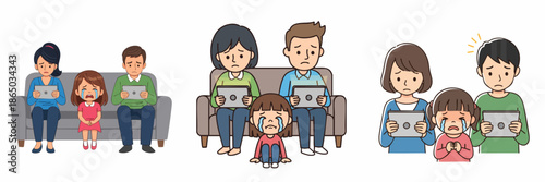 Flat Illustration Distracted Family Ignoring Crying Child with Digital Tablet