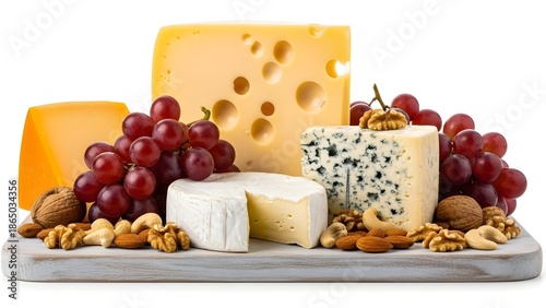 Assortment of gourmet cheeses including Swiss brie and blue varieties perfectly paired with fresh red grapes and a selection of mixed nuts for an elegant appetizer spread