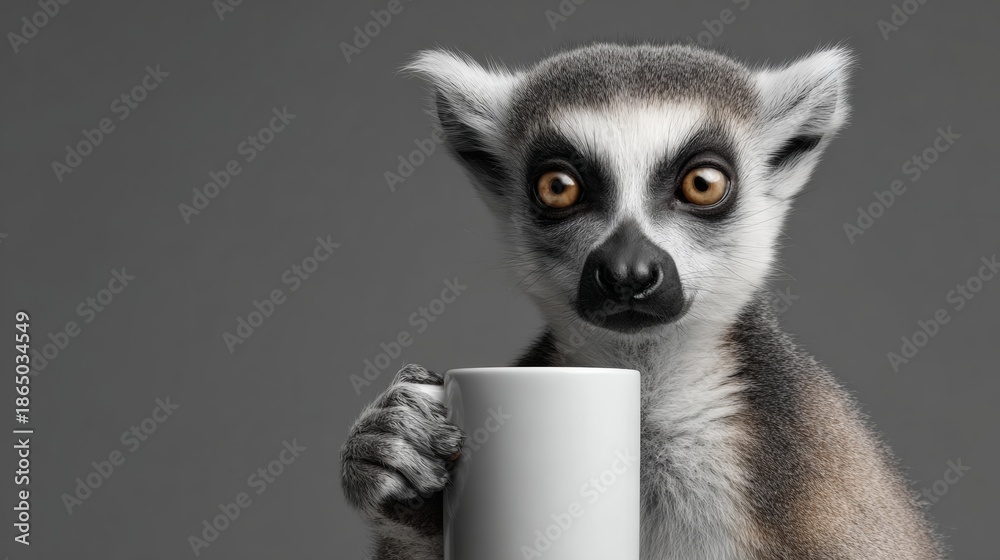 Fototapeta premium A cute baby lemur is holding a white coffee cup. The image has a playful and lighthearted mood, as the lemur is not a typical coffee drinker