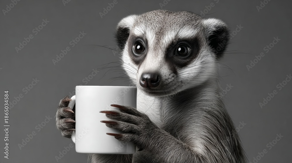 Naklejka premium A cute animal holding a white cup. The animal is a raccoon and it is holding the cup in its paws