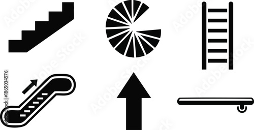 Flat design set of six black vertical circulation icons showing spiral staircase ladder escalator handrail straight stairs upward arrow close up geometric silhouettes isolated white vector
