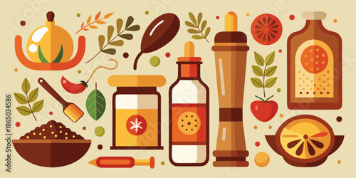 Collection of natural ingredients and herbal remedies in flat illustration style, perfect for any design needs