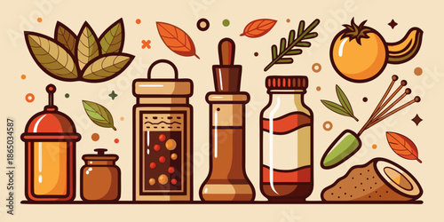 Collection of spices, herbs, oils, and natural ingredients in jars and bottles, flat illustration style