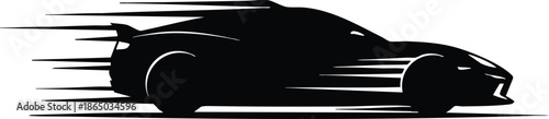 Minimalist vector silhouette sports car side view with speed lines motion streaks low angle profile on white background dynamic high contrast aerodynamic coupe rear spoiler fast
