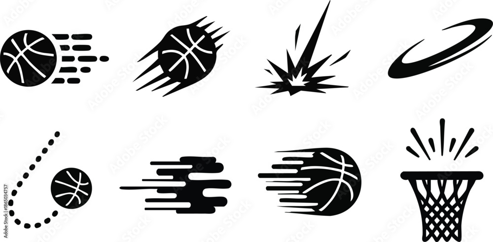 Fototapeta premium Flat design dynamic basketball motion icon set showing multiple flying basketballs hoops and impact streaks in vector art close up speed lines sporty black and white