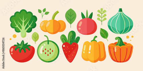 Healthy vegetarian collection featuring a fresh set of vegetables and fruits as a cartoon vector illustration icon set