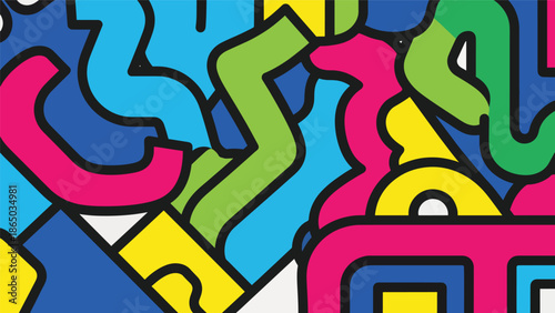 Urban mural vector illustration inspired by graffiti art with bold abstract shapes, thick outlines, and layered color blocks on brick wall background, ideal for posters, wallpapers, and modern design 