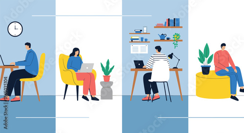 Modern remote work and home office illustration featuring people working on laptops in cozy indoor workspace environments
