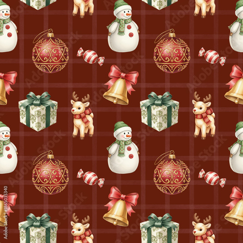 Vintage Christmas Seamless Pattern with Snowman and Reindeer