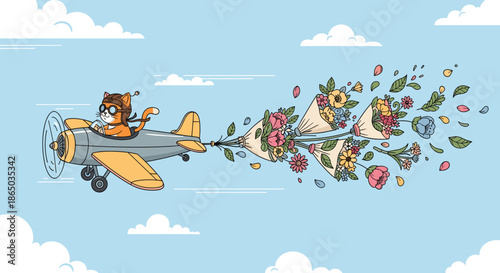 Charming cat pilot in vintage aviator gear flies a propeller plane, pulling a trail of beautiful flower bouquets through the sky.