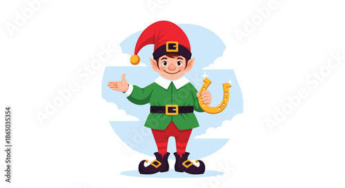 A cheerful Christmas elf or gnome character in a green and red outfit, holding a lucky golden horseshoe for good fortune.
